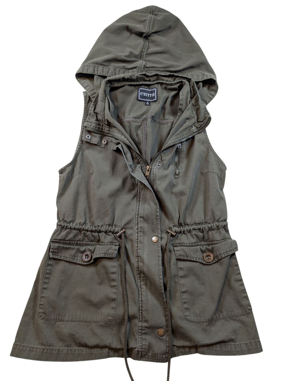 C'Esttoi Womens Army Green Vest Button Up/Zip Up Waist String Pockets Size M